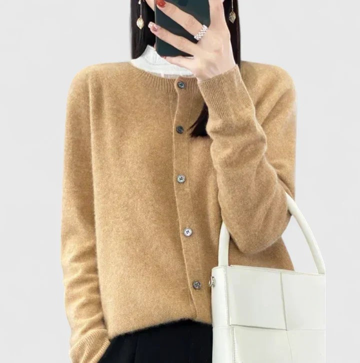 Camel round neck button cardigan