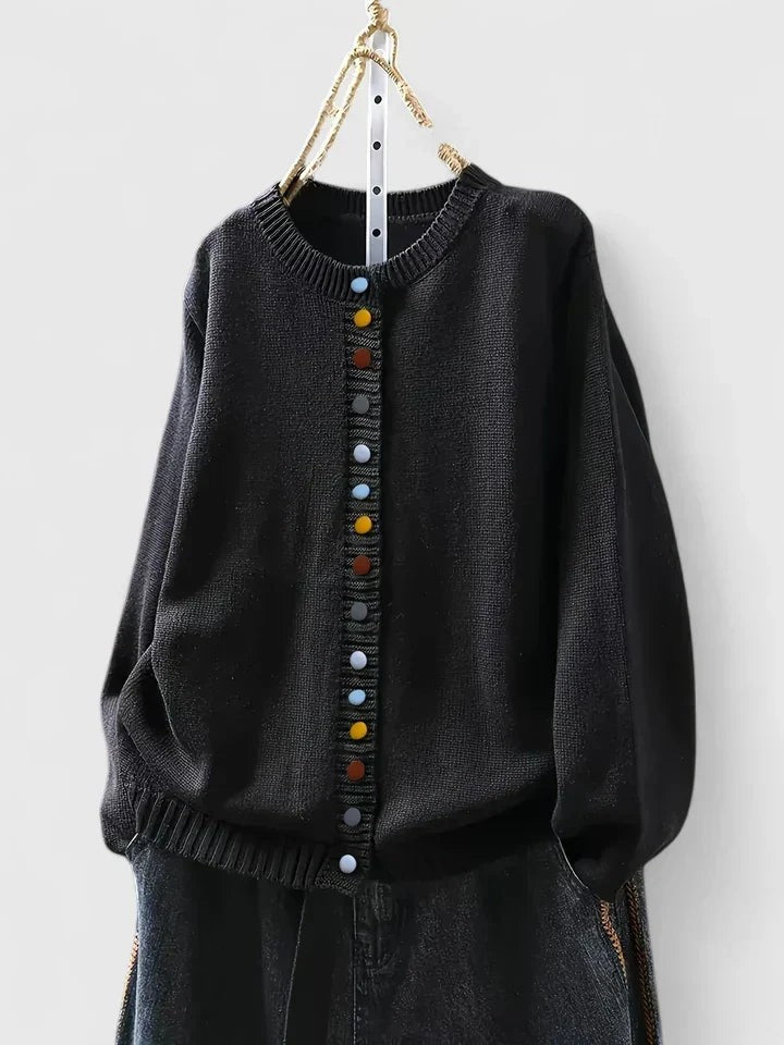 Black round-neck button-front cardigan