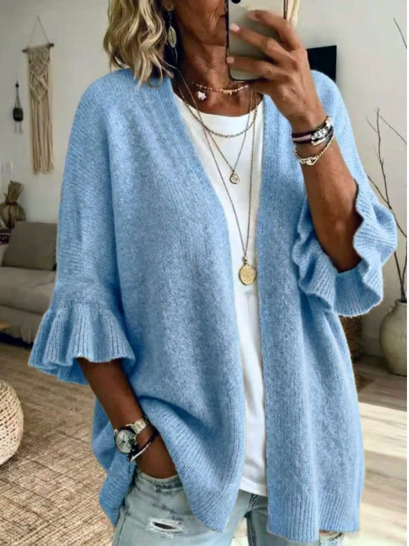 Blue ruffle-sleeve open-front cardigan