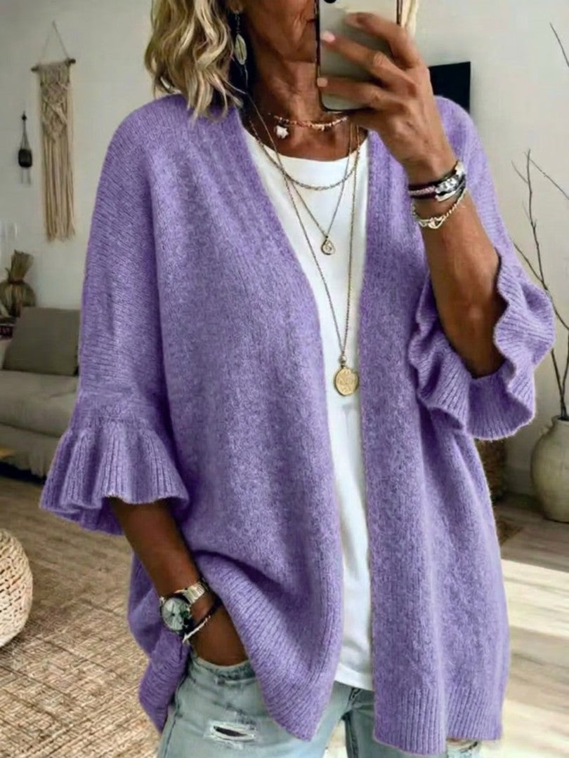 Purple ruffle-sleeve open-front cardigan