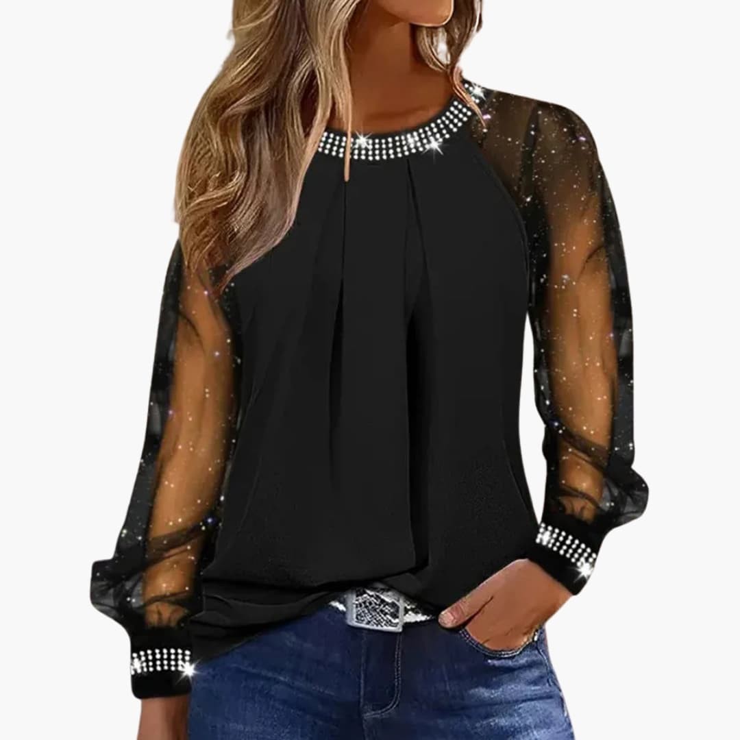 Black sheer-sleeve embellished blouse
