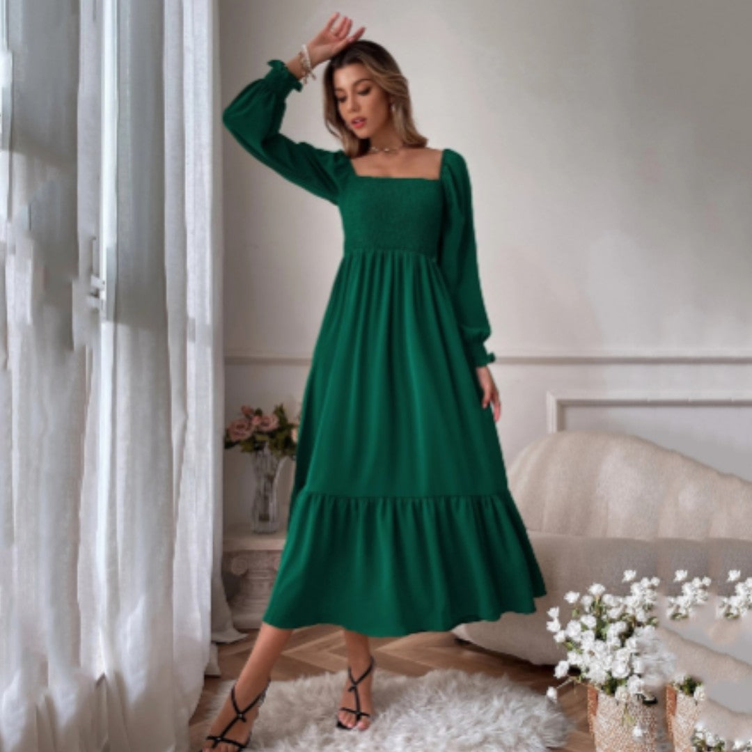 Green smocked square neck tiered maxi dress