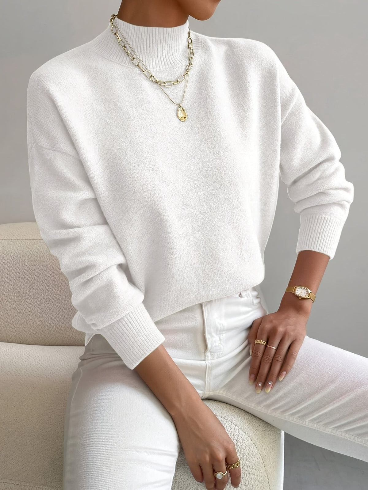 White soft mock neck jumper