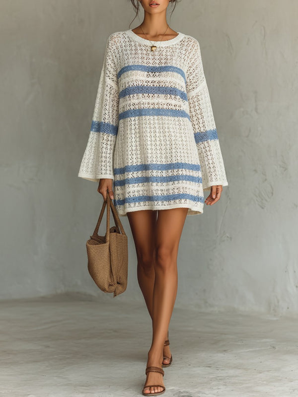 White striped crochet knit mini dress