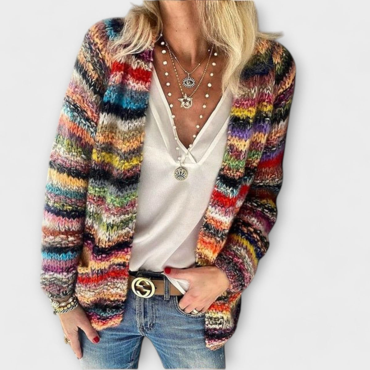 Red striped open front boho cardigan