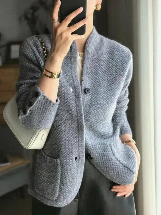 Grey textured stand collar cardigan