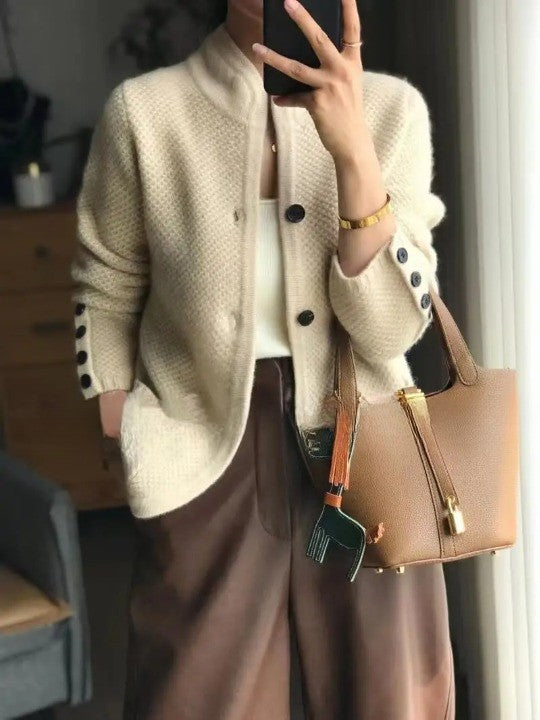 Beige textured stand collar cardigan