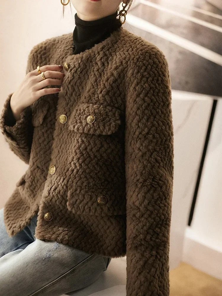 Textured tweed gold-button jacket