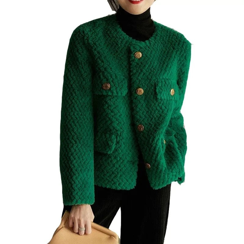 Textured tweed gold-button jacket