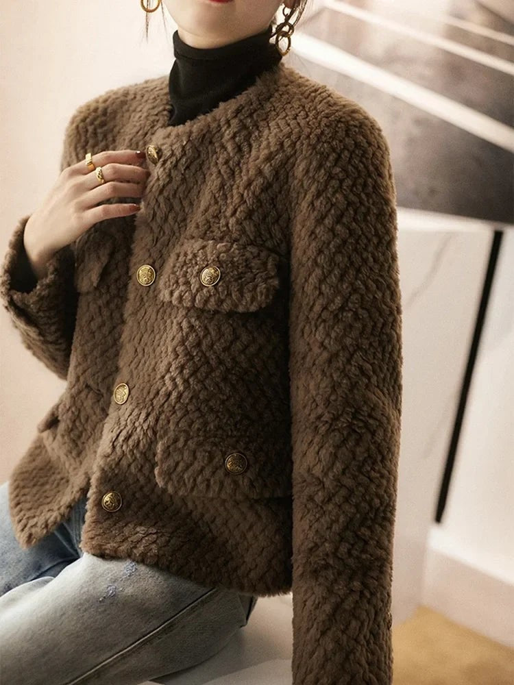 Textured tweed gold-button jacket