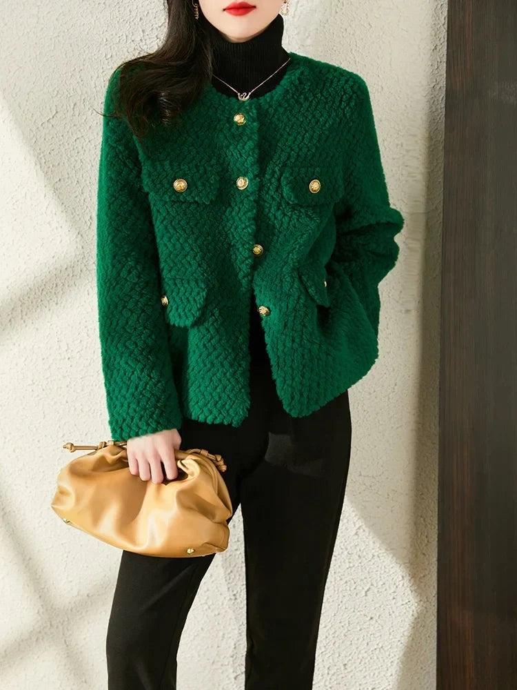 Textured tweed gold-button jacket