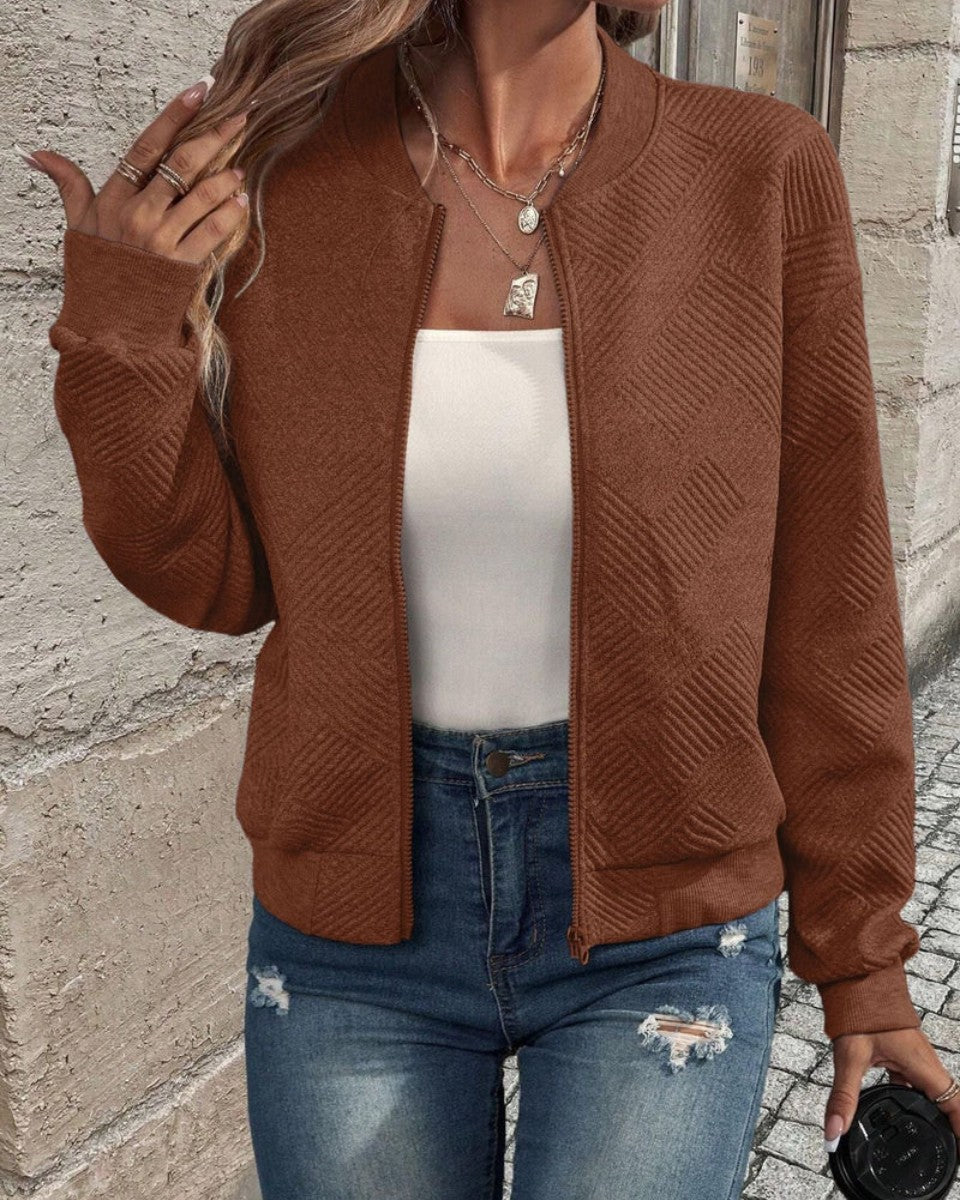 Brown textured zip-up bomber jacket
