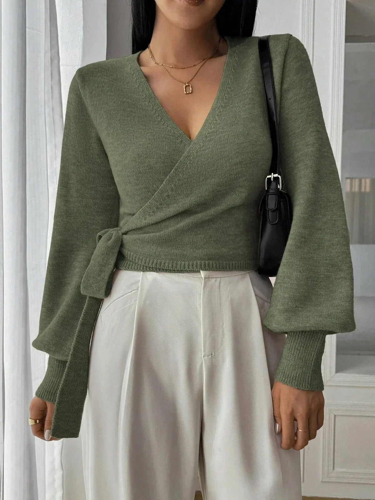 Green tie-waist wrap knit top
