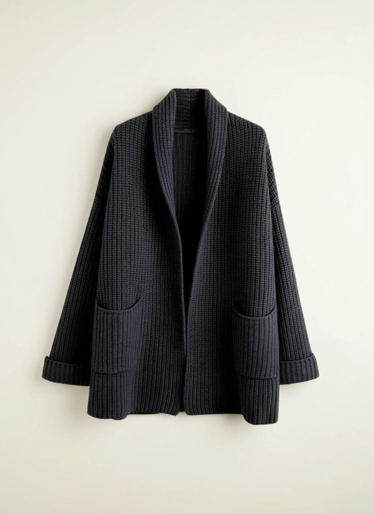 Black waffle-knit longline cardigan coat