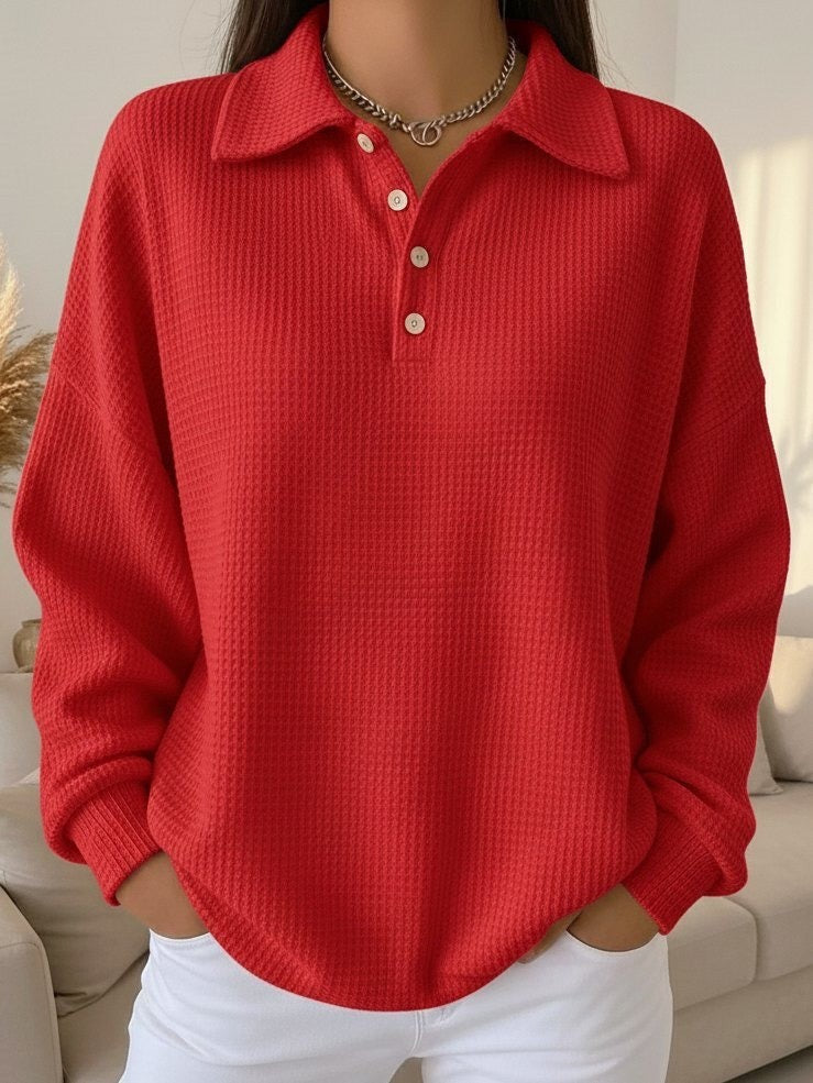 Red waffle knit polo top