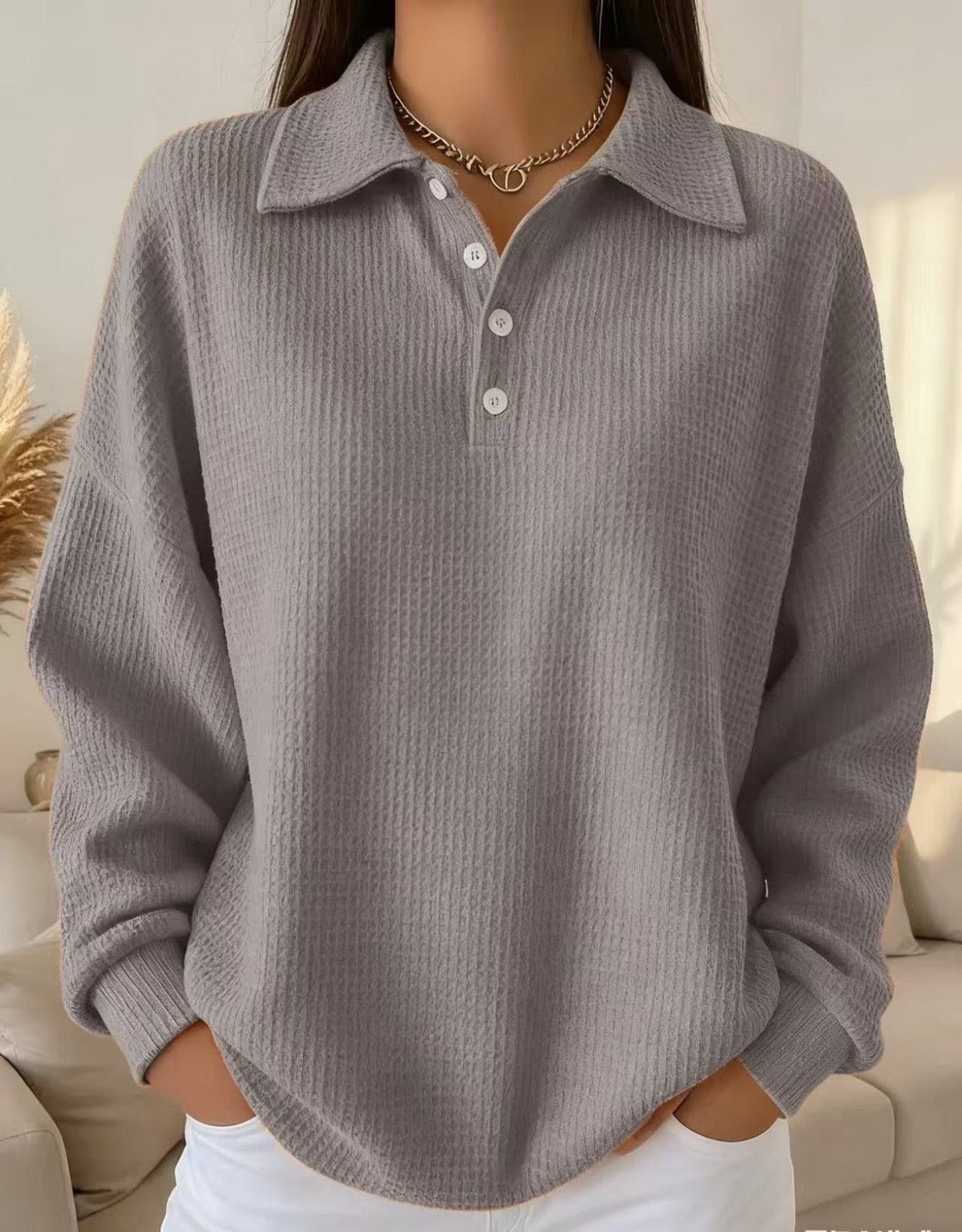Gray waffle knit polo top