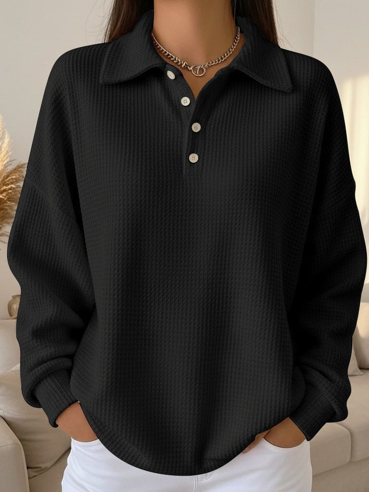 Black waffle knit polo top
