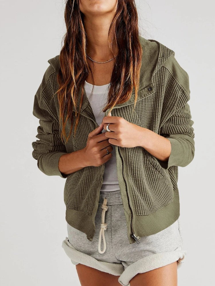 Waffle knit zip-up hoodie