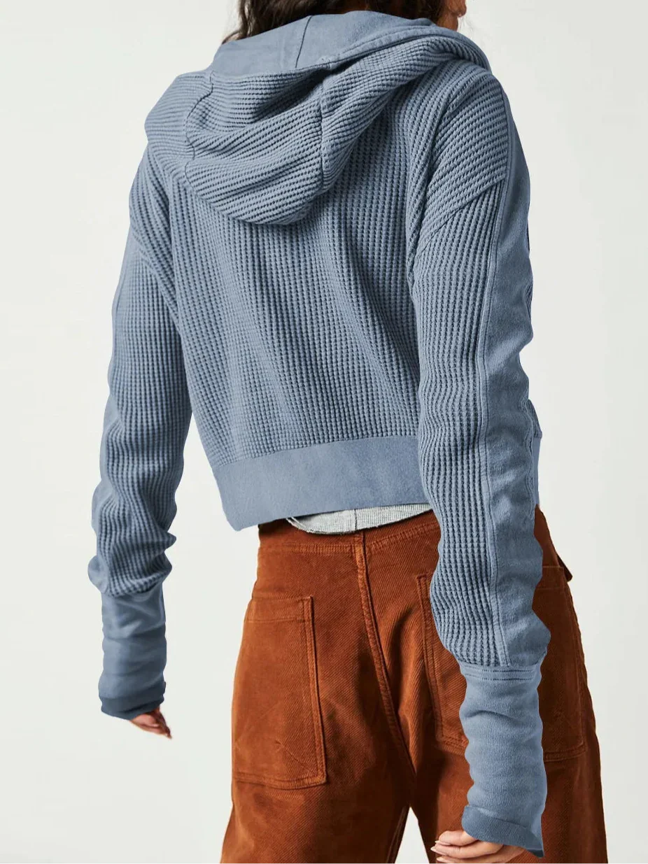 Waffle knit zip-up hoodie