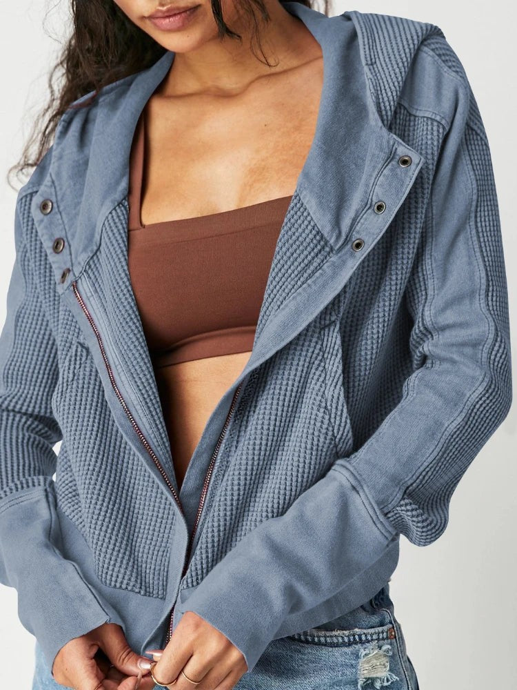 Waffle knit zip-up hoodie