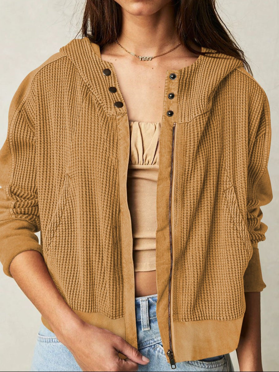 Sand waffle knit zip-up hoodie