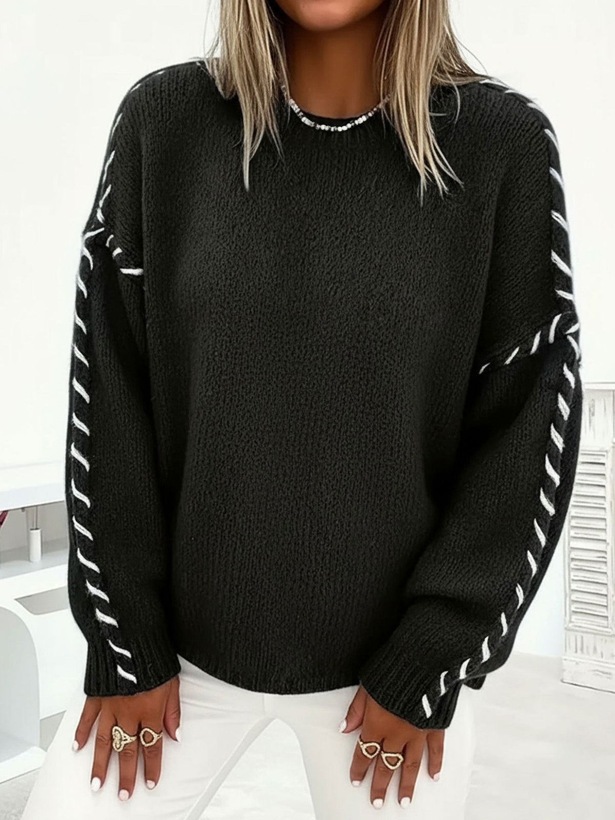 Black whipstitch crew neck jumper