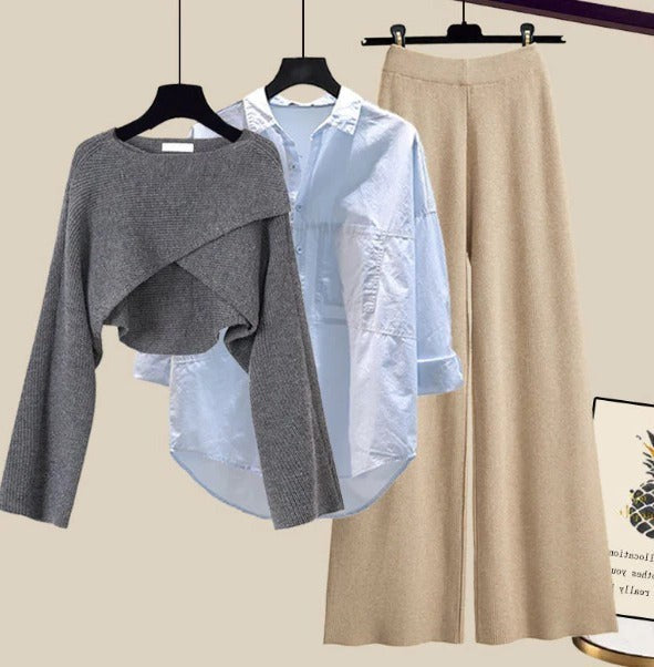Gray Blue Beige wool knit jumper, shirt and wide leg trouser set