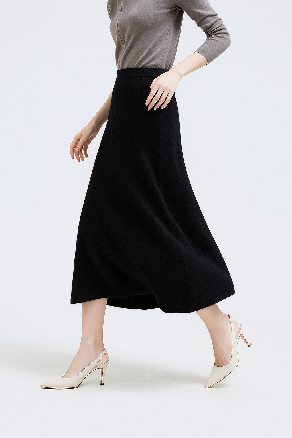 Black wool knit midi skirt