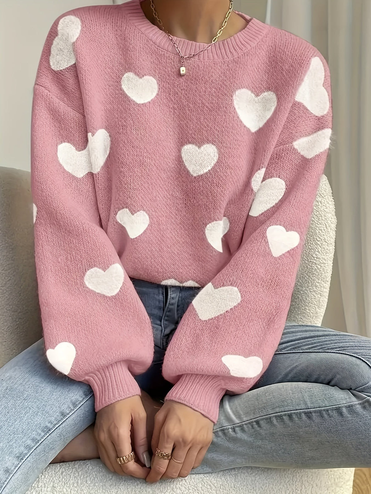 Light Pink Grey wool mix heart knit jumper