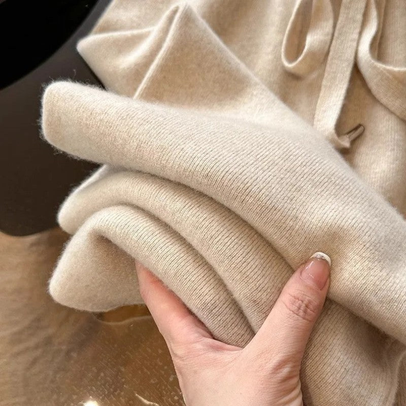 Beige wool mix wide leg knit trousers