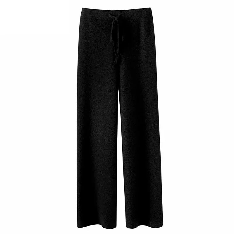 Black wool mix wide leg knit trousers
