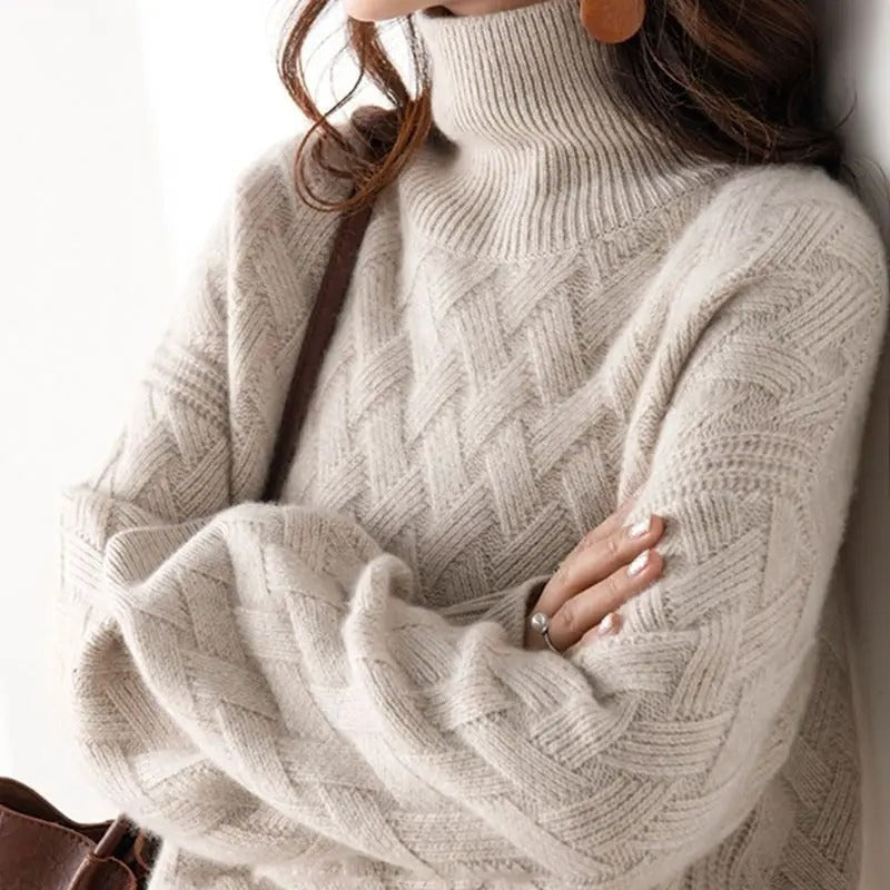 Camel basketweave roll neck jumper