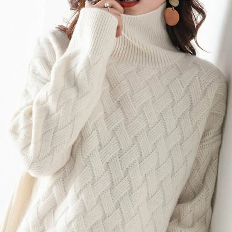 White basketweave roll neck jumper