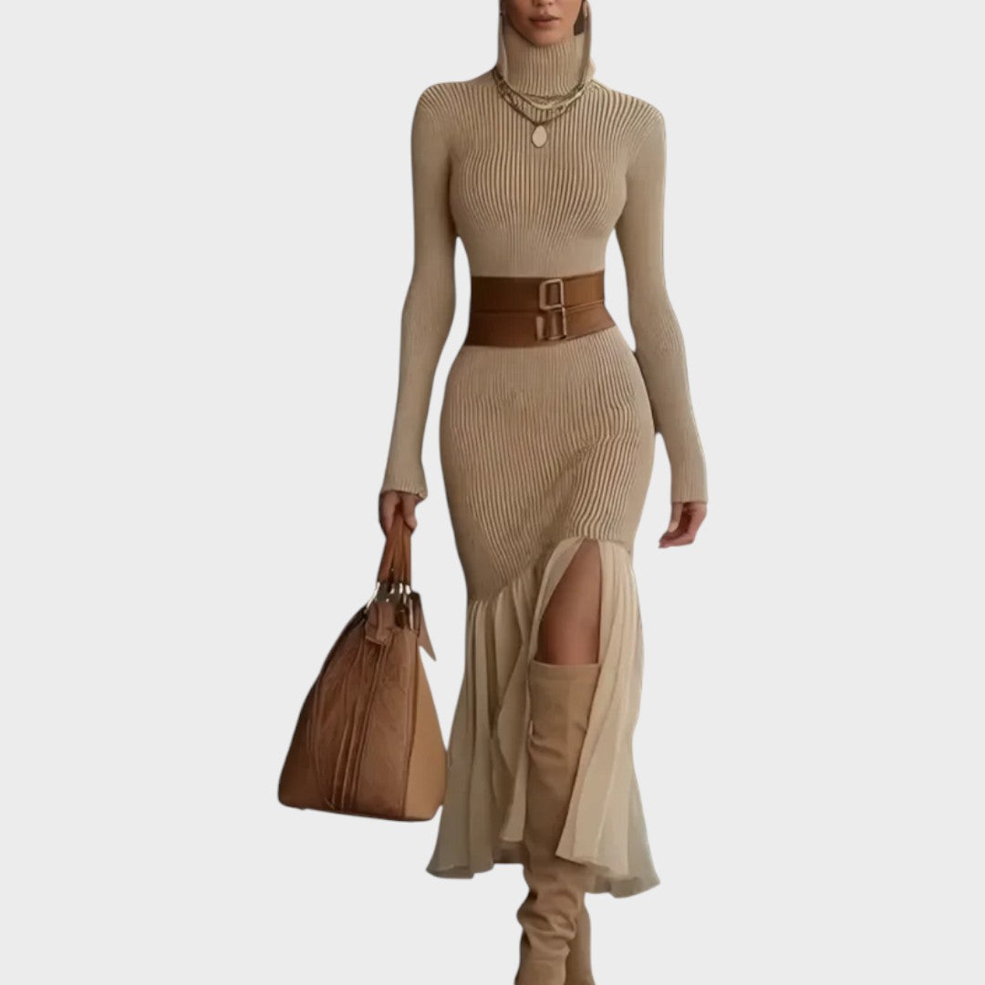 Beige belted roll neck knit midi dress