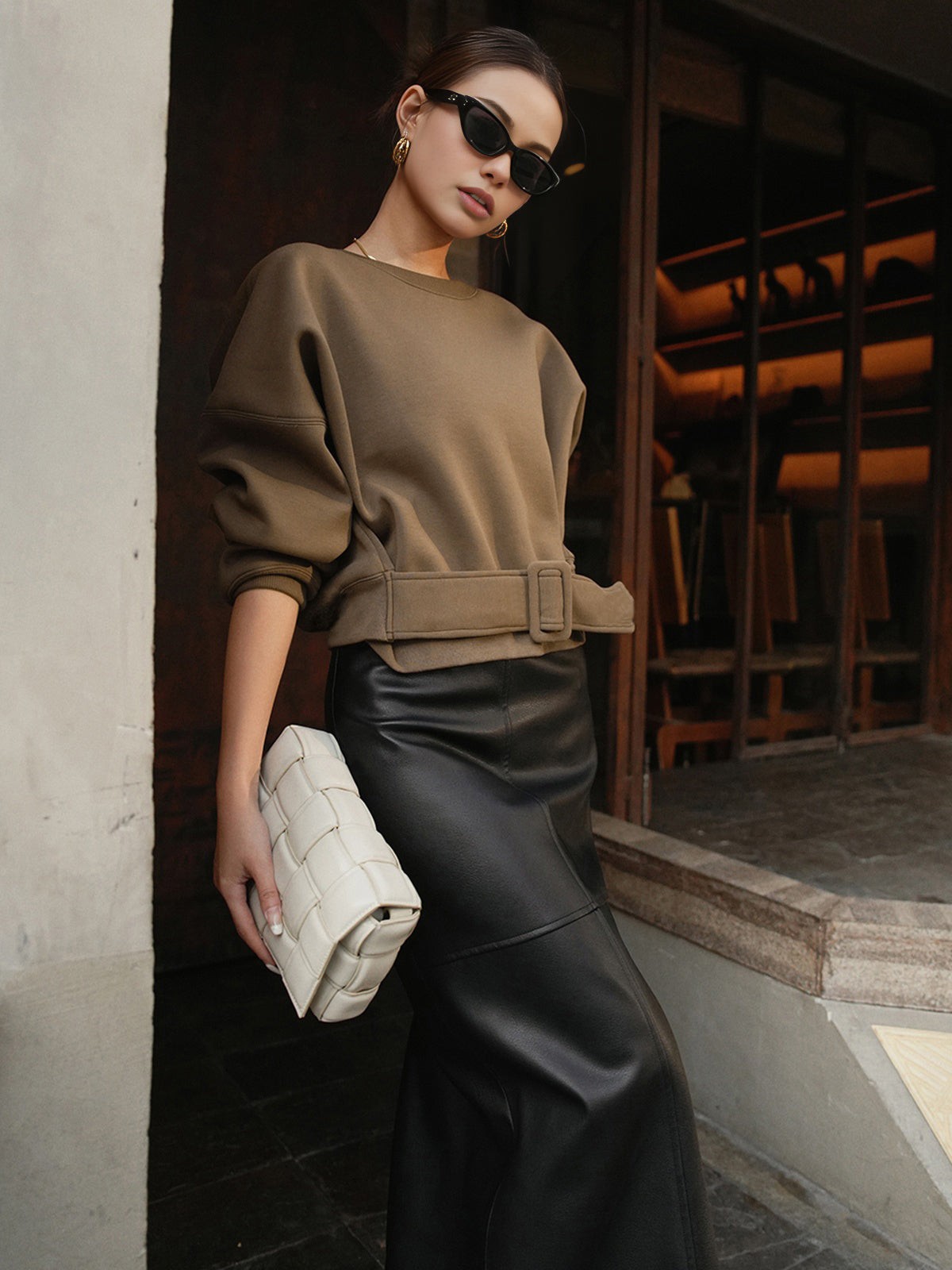 Light Brown belted sweatshirt top