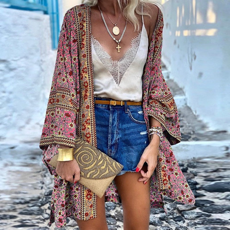 Pink boho floral kimono cardigan