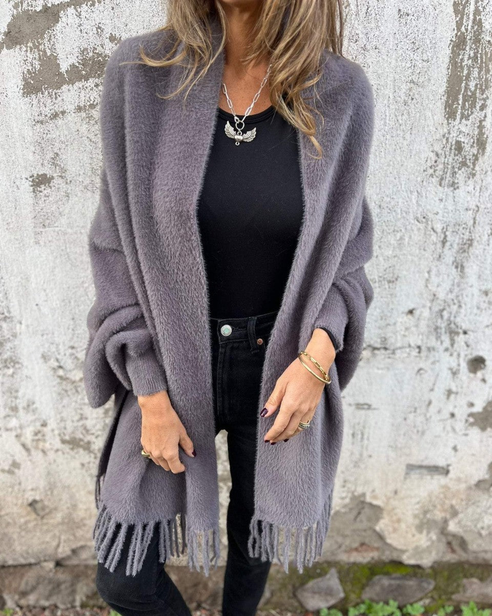 Gray brushed fringe-hem cardigan coat