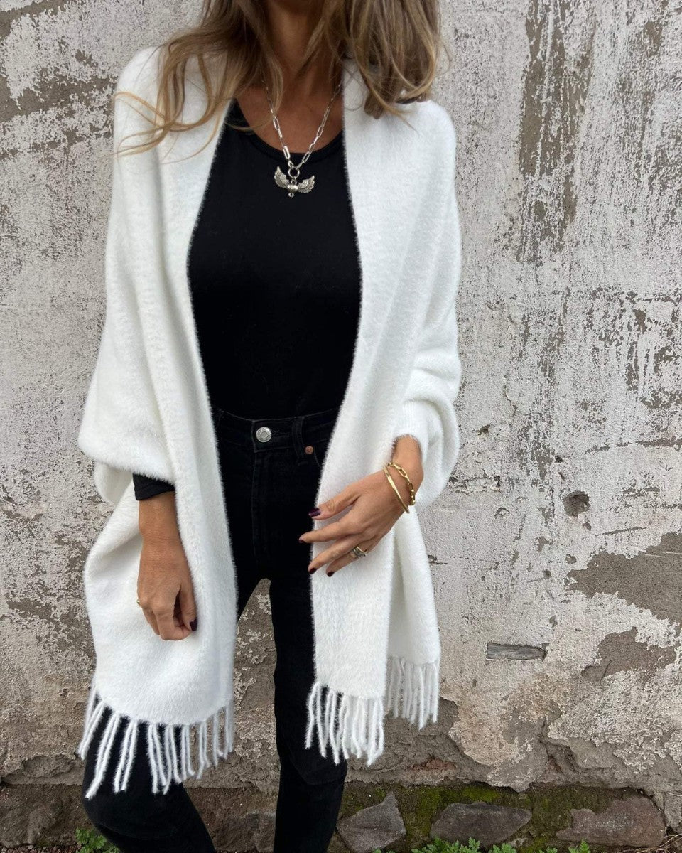 White brushed fringe-hem cardigan coat