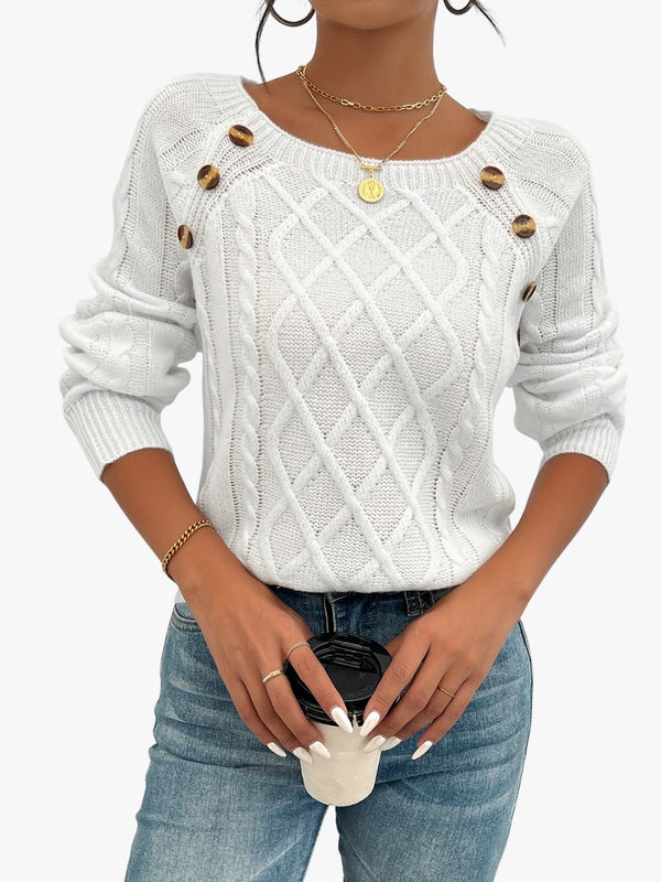 Button shoulder cable knit wool jumper