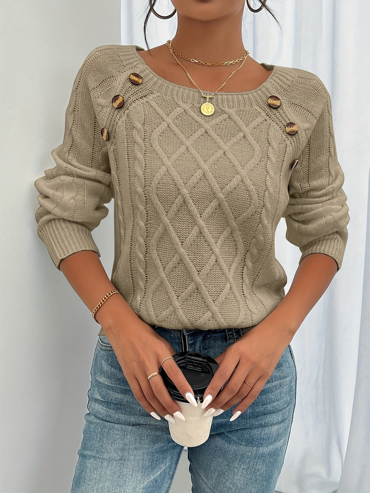 Khaki button shoulder cable knit wool jumper