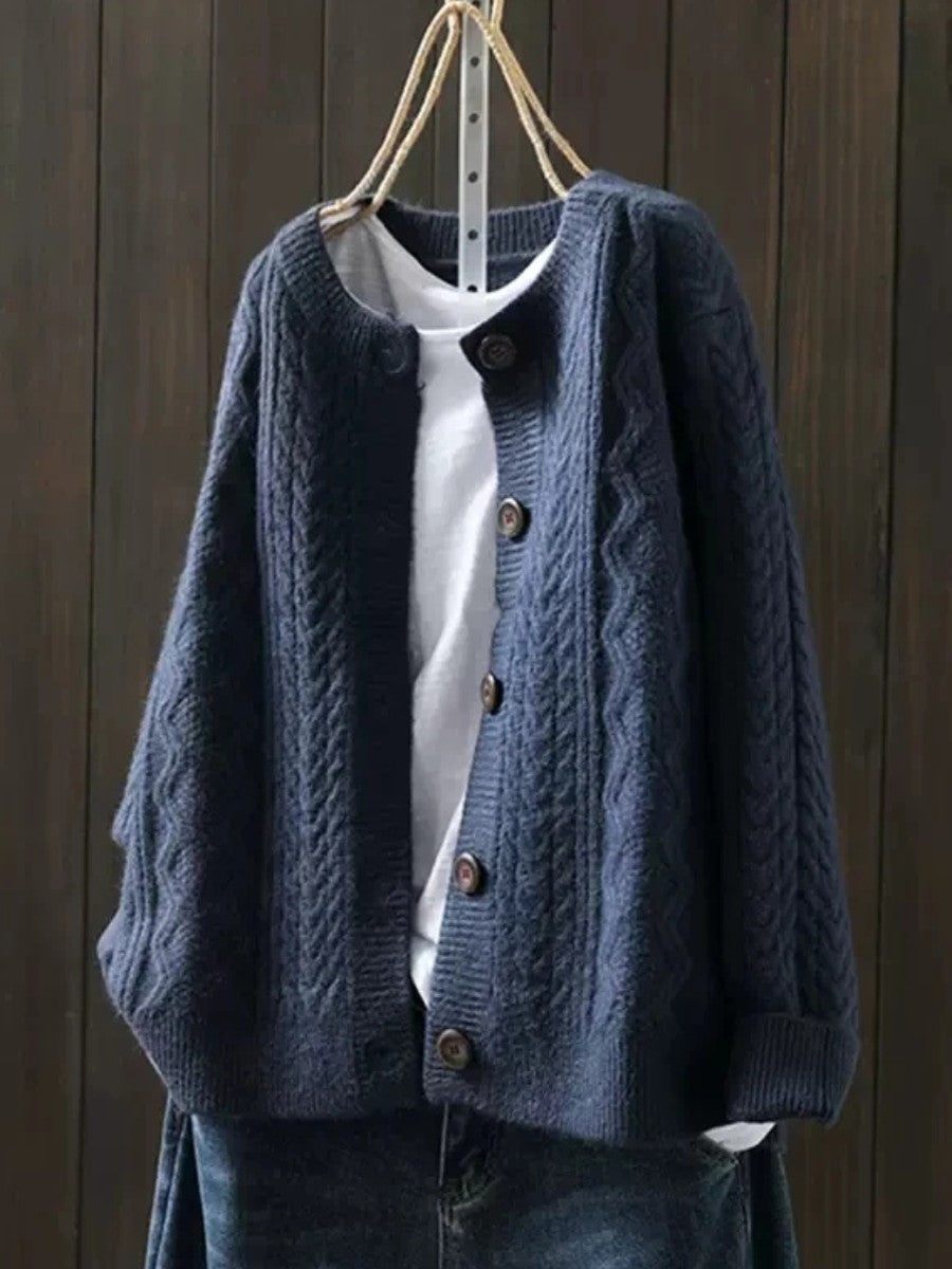 Navy Blue cable-knit button-front cardigan