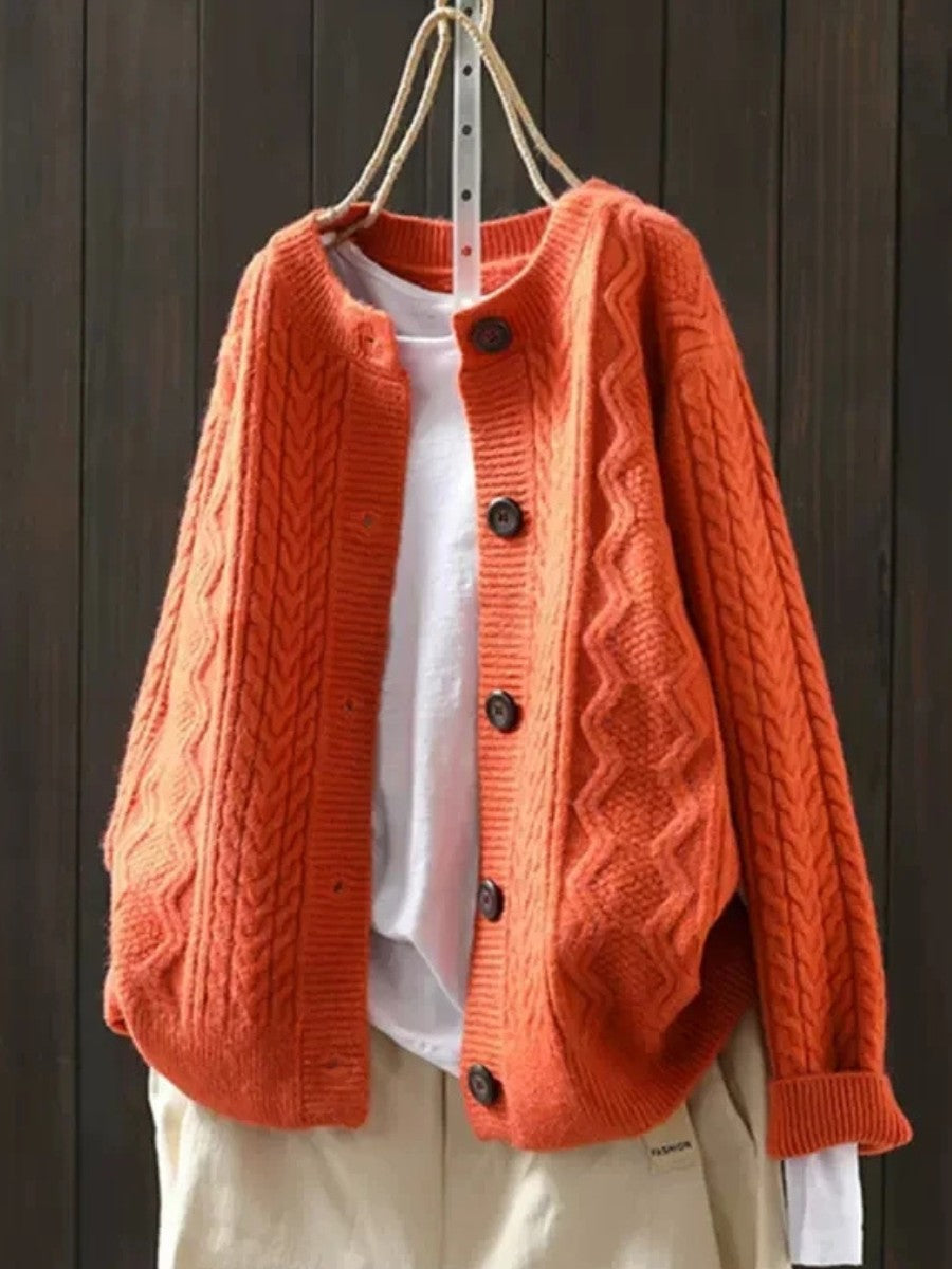 Orange cable-knit button-front cardigan
