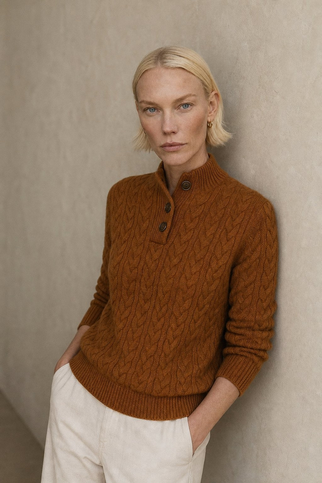 Vintage cable knit button neck jumper