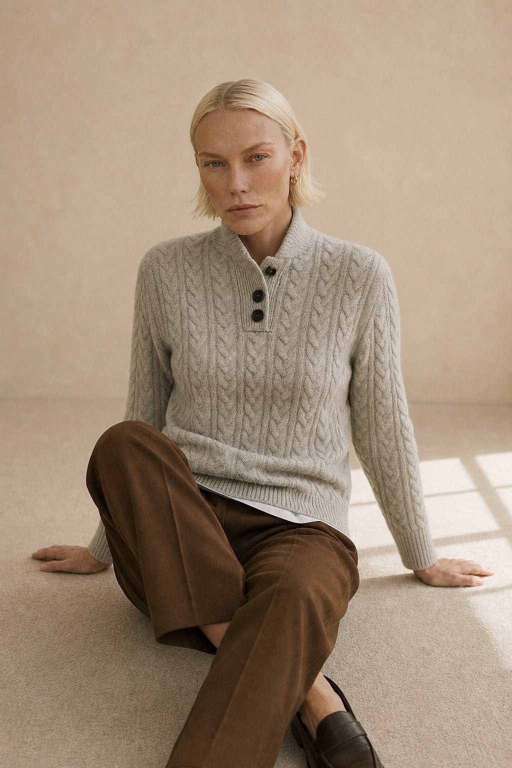 Gray cable knit button neck jumper