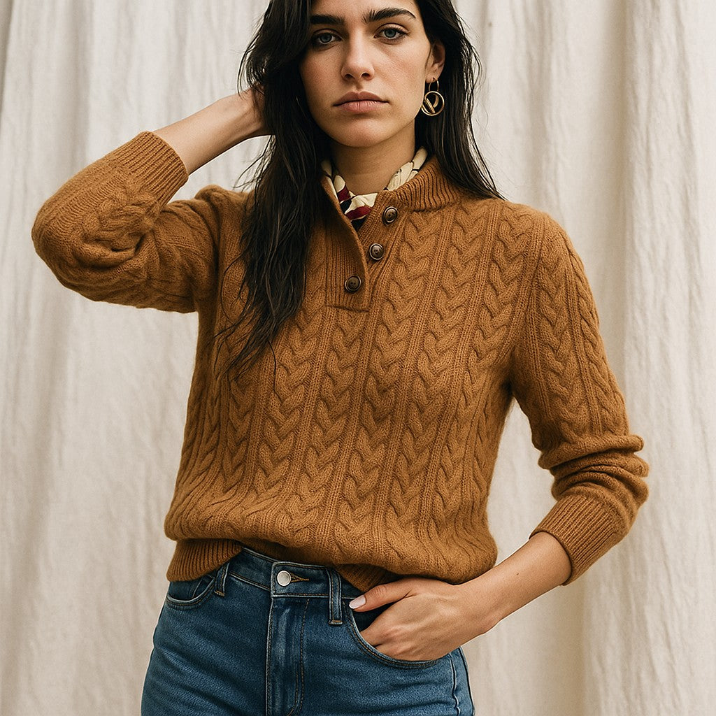 Cable knit button neck jumper