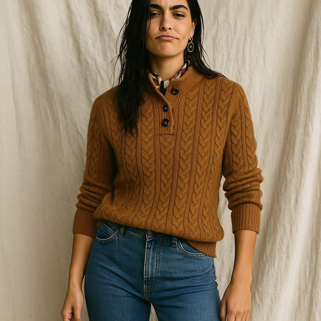 Cable knit button neck jumper