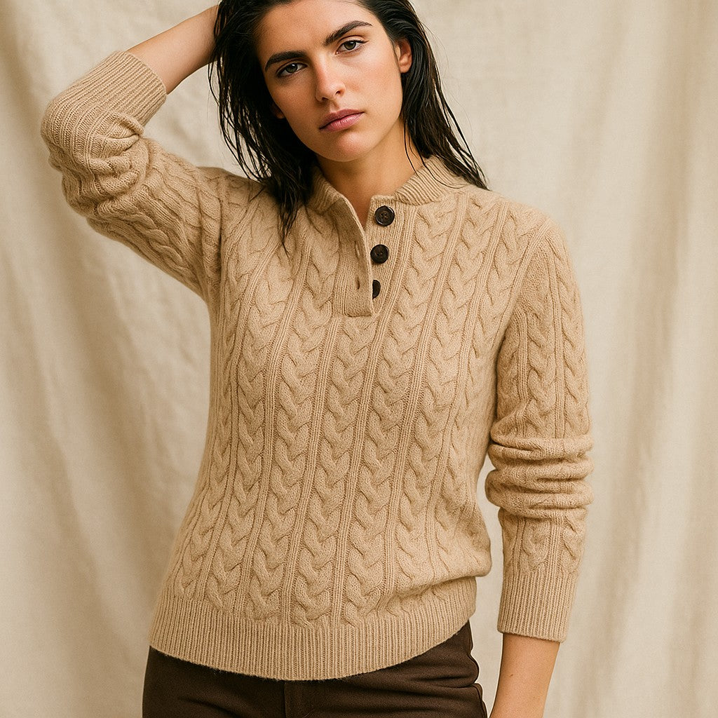 Cable knit button neck jumper