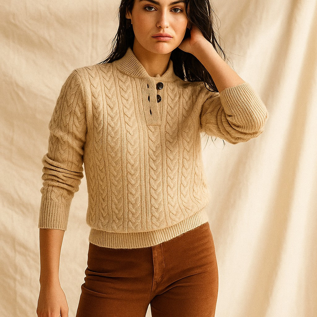 Cable knit button neck jumper