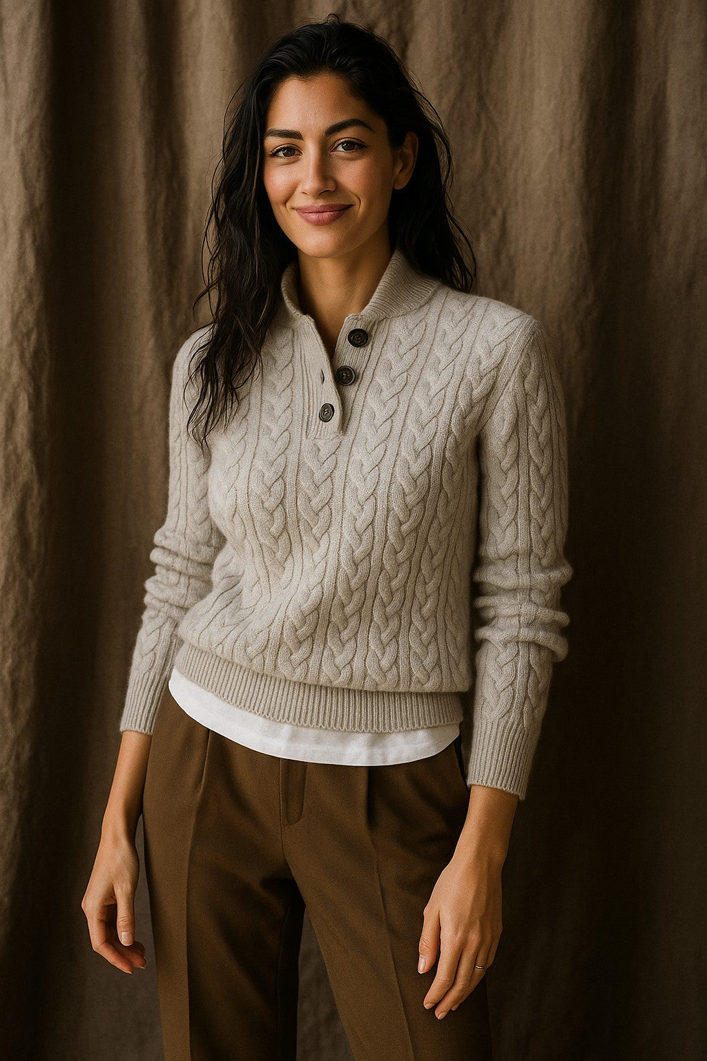 Cable knit button neck jumper