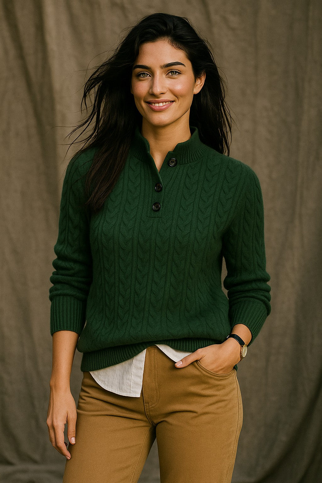Cable knit button neck jumper
